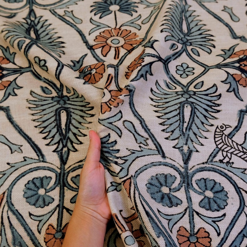 Bulk Yardage Floral Vine Bird Drapery Fabric Coral Aquamarine Blue Upholstery Textile French Block Print Curtain Material Whimsical Design image 6