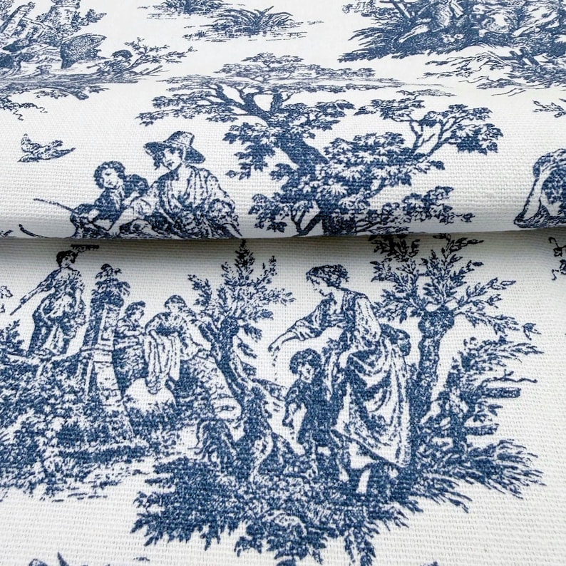 Cotton Toile Print Fabric by Yard Toile de Jouy Bedding Quilting Scenic Floral French Fabric for Sewing Cafe Curtain Historical Print Fabric Dark Blue