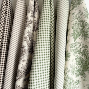 French Country Toile Fabric Set Gingham Ticking Stripe Bundle Home Decor Cotton Textile Yardage DIY Sewing Project Vintage Style Print