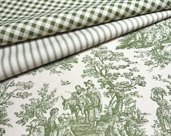 Conjunto de telas coordinadas verdes, estampado toile de cuadros vichy, algodón, telas a juego cortadas a medida, costura, decoración del hogar, colección de interiores, cortinas.