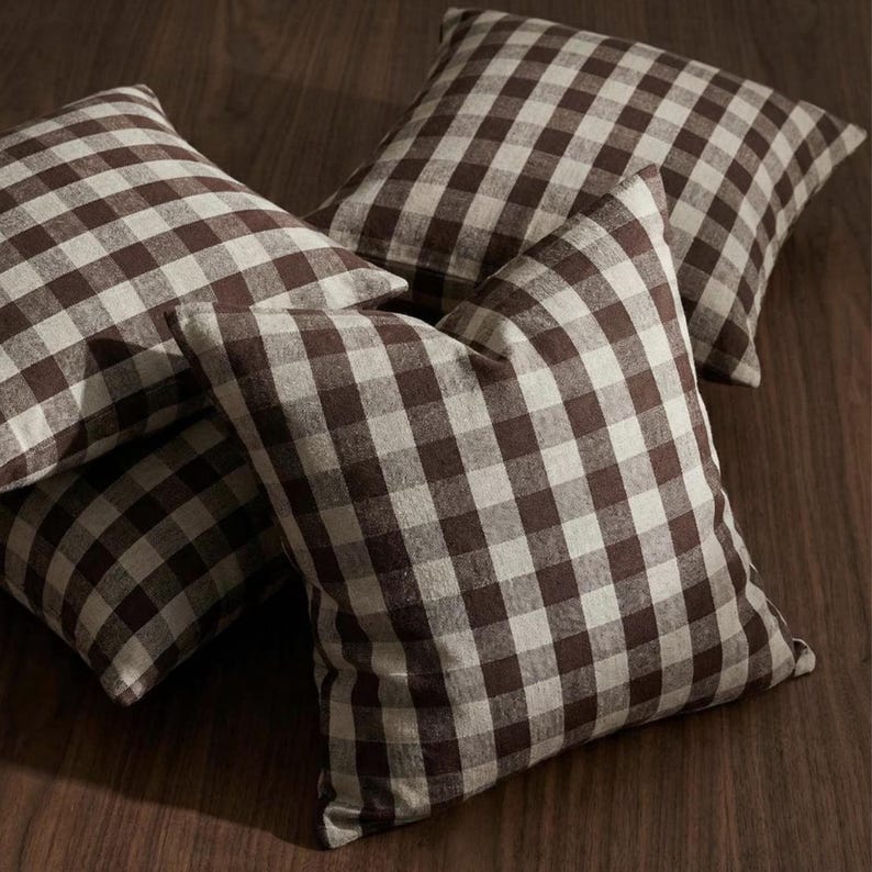 Brown Check Fabric Tablecloth Checkered Chocolate Brown Linen Coverlet Fabric Cafe Fall Table Runner Decor Textile Moody Warm Rustic Fabric image 2