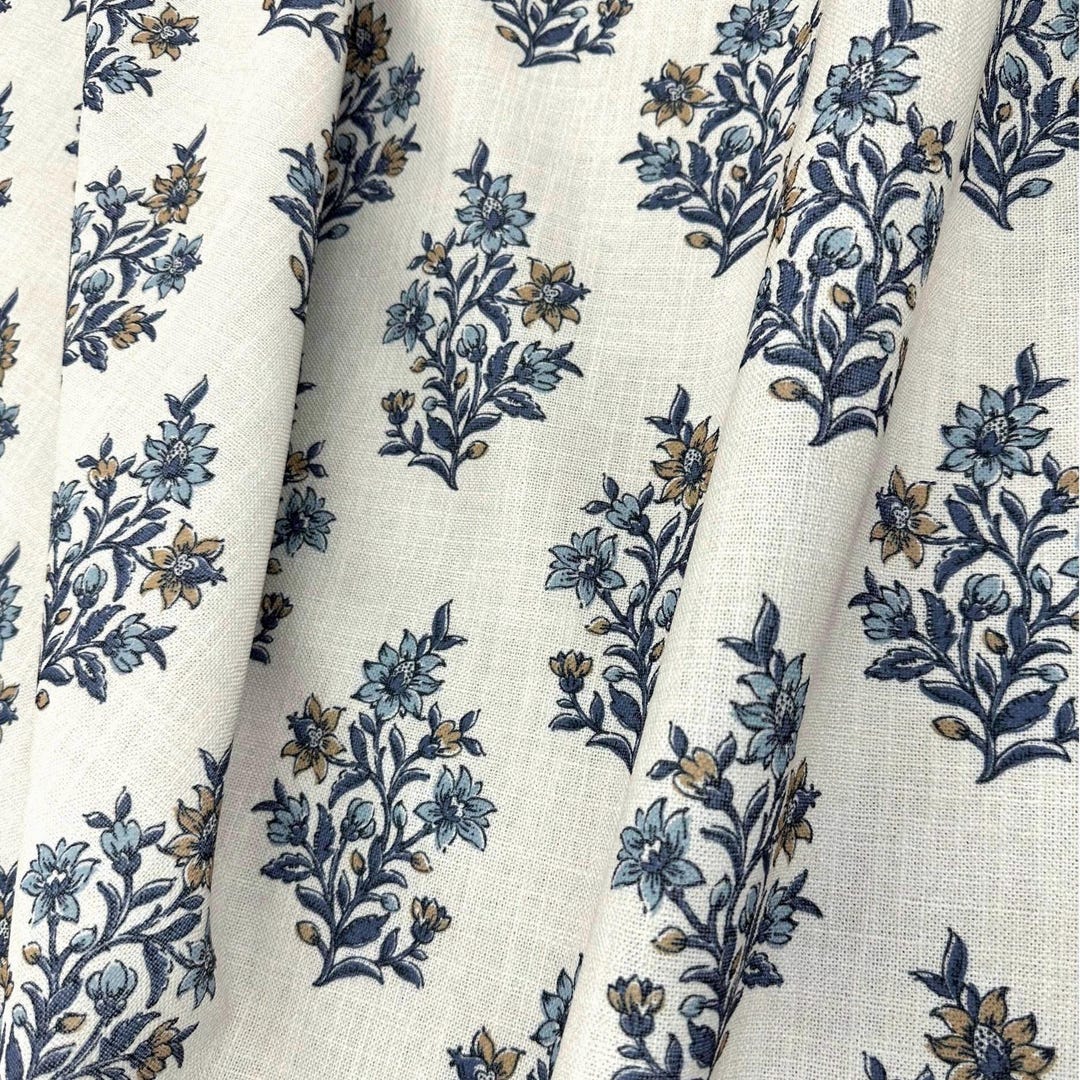 Blue Floral Block Print Fabric Drapery Interior French Blue Patterned ...