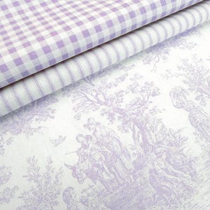 Lavender Toile Coordinating Fabric Bundle French Country Cotton Set Pastel Purple Gingham Lilac Pinstripe Print for Sewing Cottagecore Style