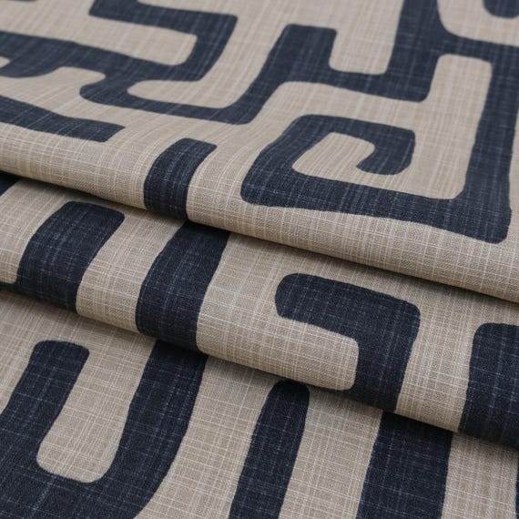 Tribal Maze Fabric by Yard Graphic Black Tan Abstract Print Slub Canvas Material for Pillow Cover Curtain Panel Wall Decor Accent Textile
