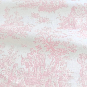 May include: A white fabric featuring a repeating toile de jouy pattern in soft pink. The design depicts detailed pastoral scenes with figures, trees, and foliage, printed in a monochromatic pink ink across the textured woven textile surface.