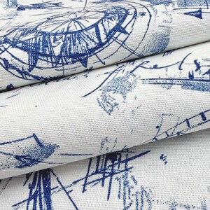 Nautical Fabric by Yard Blue and White Boat Map Fabric Coastal Upholstery Fabric Vintage Marine Compass Fabric for Pillows Drapes Decor image 3