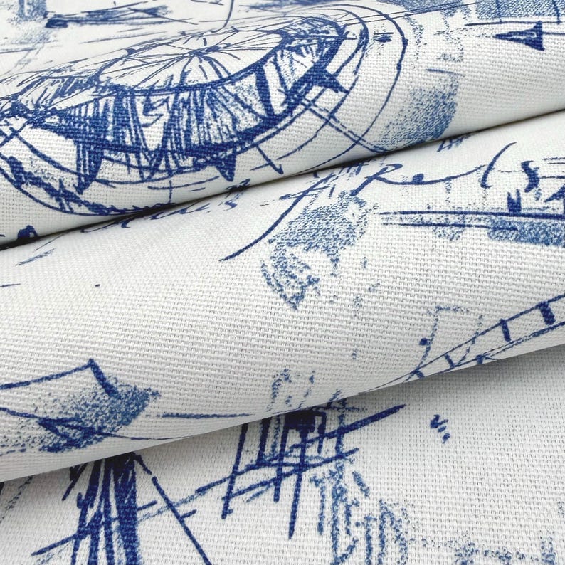 Nautical Fabric by Yard Blue and White Boat Map Fabric Coastal Upholstery Fabric Vintage Marine Compass Fabric for Pillows Drapes Decor image 3