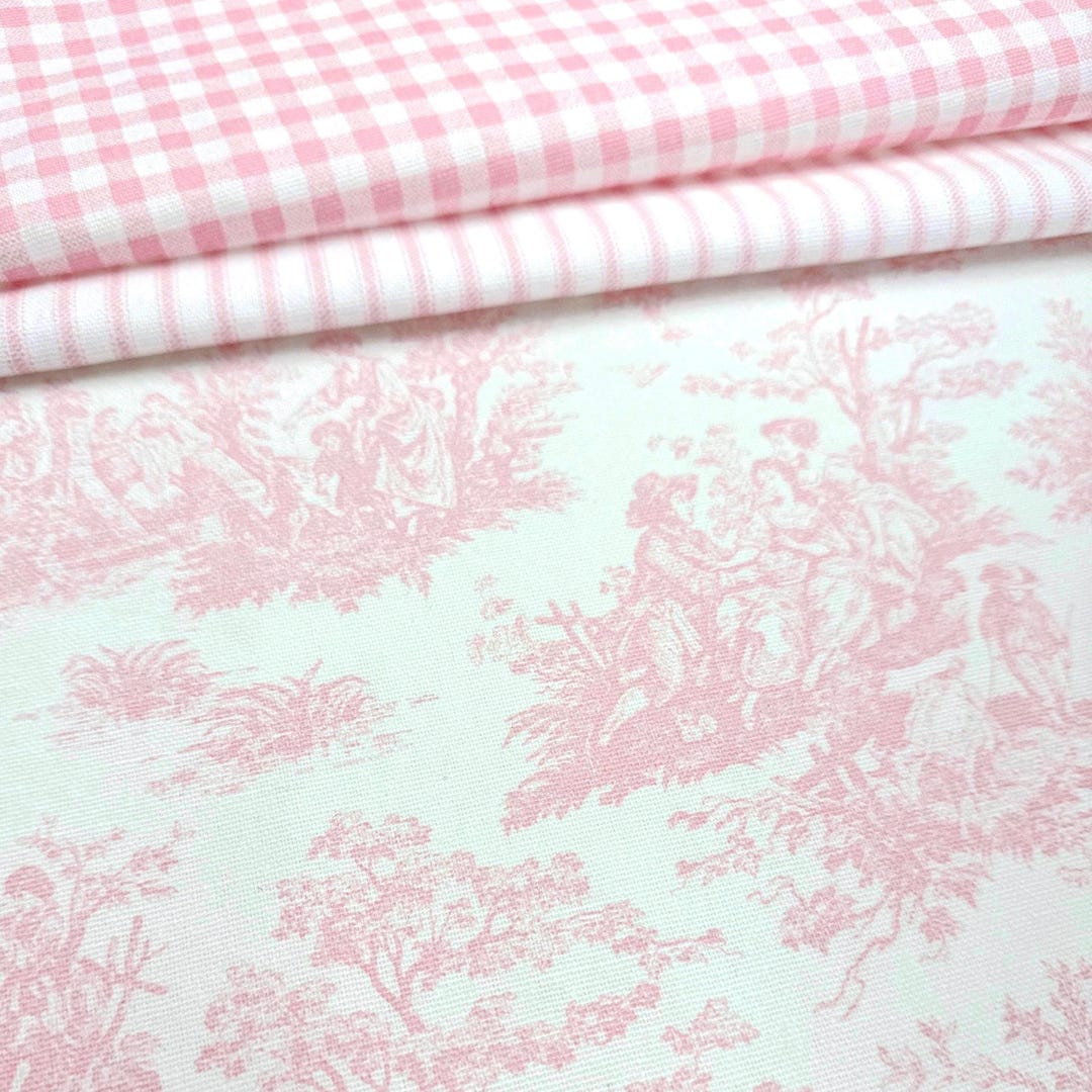 Coquette Pink Toile Fabric Small Scale Plaid Pink Pinstripe Vintage ...