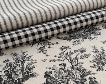 Black Toile De Jouy Fabric Bundle Ticking Stripe Fabric Black Natural Gingham Check Fabric Set French Country Sewing Craft Material Cotton