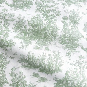 Green Toile Fabric sage French Provincial Craft Making Material Scenic Vintage Style DIY Sewing for Home Projects Custom Special Gift Wrap Idea