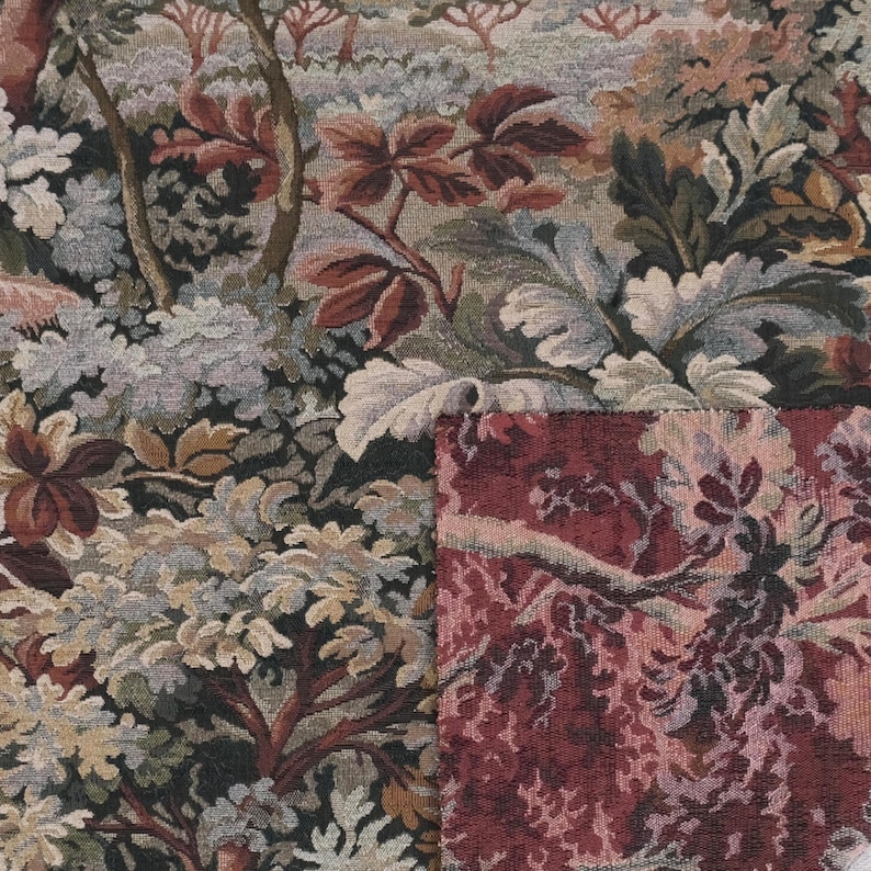Folded tapestry upholstery fabric by the yard, scenic woven jacquard with Woodrose verdure foliage design, heavyweight upholstery material for drapery, slipcovers, cushion covers, antique reproduction textiles, vintage upholstery fabric for chairs and sofas.