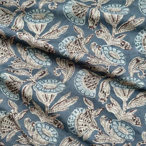 Blue Floral Pattern Linen Blend Fabric Flower Vine Print Cotton Textile By The Yard Drapery for Farmhouse Home Decor Multi UseThrow Pillow