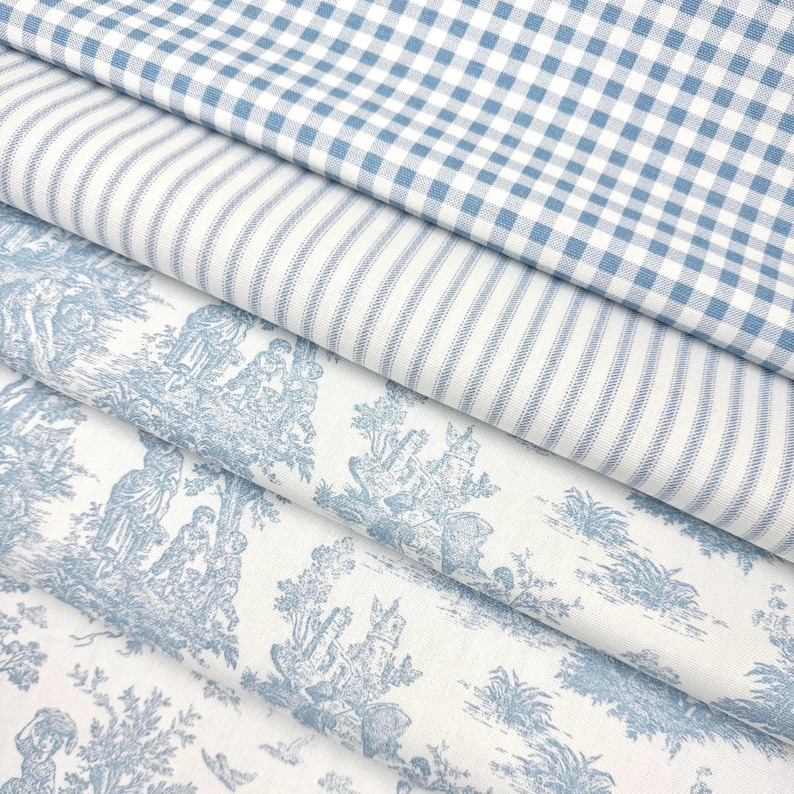 Powder Blue Toile Fabric Mini Checkered Pastel Blue Stripe French Country Matching Fabric Retro Baby Shower Decor Shabby Chic Sewing Gift bild 10