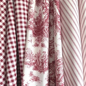 Red Toile Fabric Gingham Red Ticking Stripe Coordinating Pattern French Provincial Fabric Vintage Inspired Patchwork Quilting Country Decor