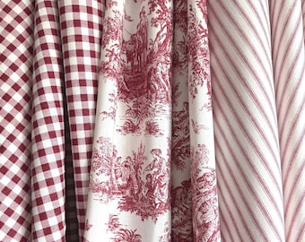 Red Toile Fabric Gingham Red Ticking Stripe Coordinating Pattern French Provincial Fabric Vintage Inspired Patchwork Quilting Country Decor