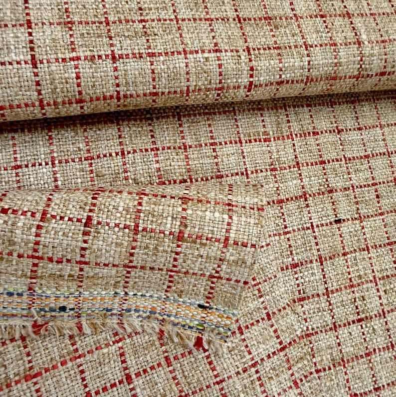 Red Windowpane Fabric Small Scale Taupe Check Woven Upholstery Textile ...