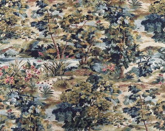 Tela con estampado de paisajes panorámicos cortada a medida. Estampado de bosque europeo a gran escala. Diseño para decoración del hogar, tapicería, cortinas y tratamientos de ventanas. Textiles para interiores.