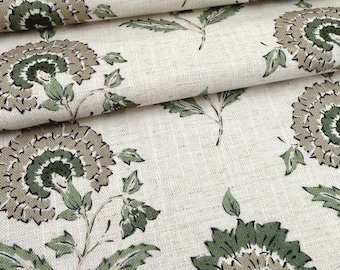 Green Floral Fabric Block Print Small Scale Botanical Style Drapery Fabric by the Yard Home Sewing Designer Textile English Garden Curtain