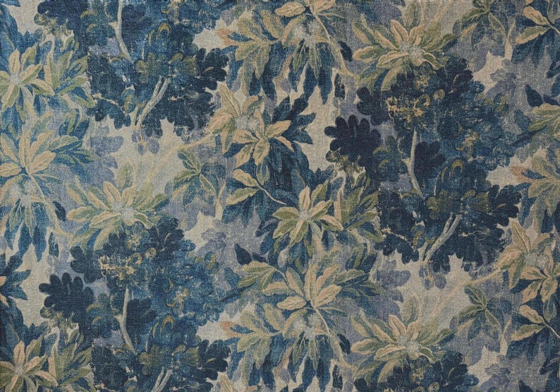 Blue Leaves Pattern Fabric Verdant Print Designer Textile Medieval Inspired Fabric Furniture Upholstery Material Distressed Vintage Finish image 5