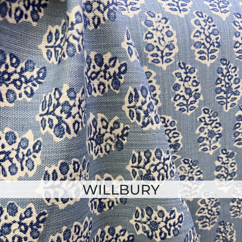 French Blue Botanical Fabric by the Yard Chateaucore Linen Look Cotton Slub Cream Floral Upholstery Drapery English Garden Home Decor Willbury – Stylized Tree