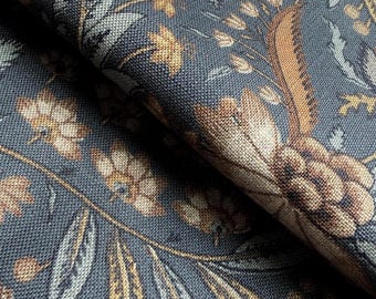 Tela floral azul y marrón cortada a medida, cortina color espresso, textil estampado intenso, tapicería, azul oscuro empolvado, decoración botánica rústica para sala de estar