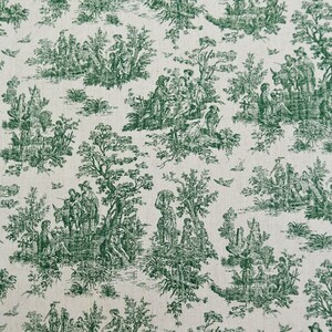 May include: A fabric featuring a repeating toile de jouy pattern in dark green ink on a light cream background. The design depicts various pastoral scenes with figures, trees, and animals arranged in a dense, intricate, and monochromatic layout.