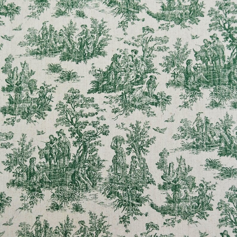May include: A fabric featuring a repeating toile de jouy pattern in dark green ink on a light cream background. The design depicts various pastoral scenes with figures, trees, and animals arranged in a dense, intricate, and monochromatic layout.