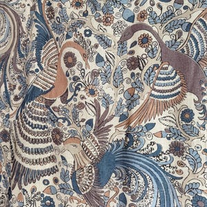 Peacock Pattern Coral Blue Floral Bird Fabric Exotic Feather Print Fabric by the Yard DIY Sewing Home Decor Linen Rayon Folk Art Clearance