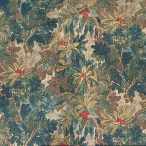 May include: A fabric with a botanical pattern featuring a dense arrangement of leaves and berries. The color palette includes shades of green, brown, and blue, with pops of red berries. The design evokes a forest or garden theme.
