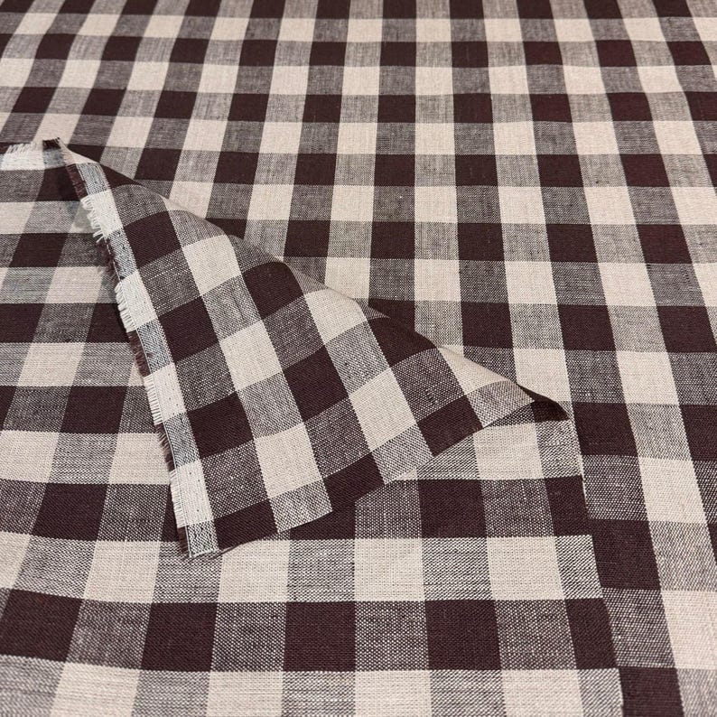 Brown Check Fabric Tablecloth Checkered Chocolate Brown Linen Coverlet Fabric Cafe Fall Table Runner Decor Textile Moody Warm Rustic Fabric image 7