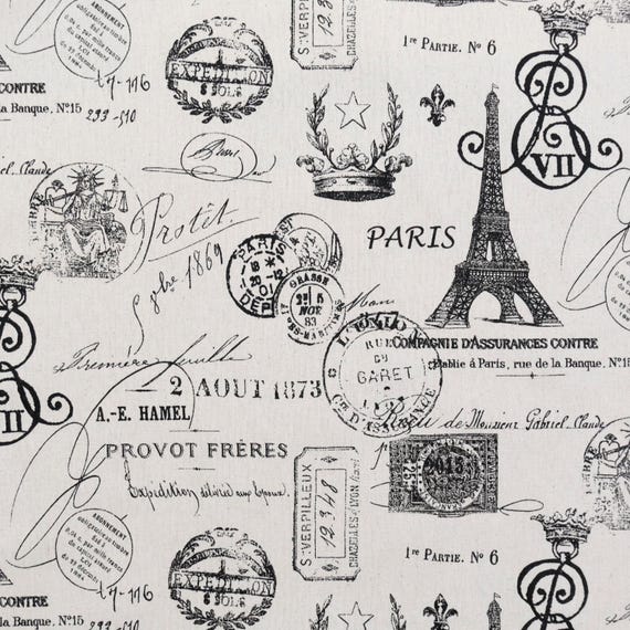 Vintage Travel Fabric by Yard French Postmark Stamp Print Neutral Onyx Cotton Textile for Pillow Cover Curtain Panel Wall Decor Paris Theme