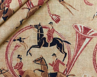 Edwardian Style Fabric Yardage Red Equestrian Linen Blend Textile English Country Horse Rider Pattern Victorian Horse Home Decor Accents