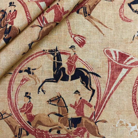 Edwardian Style Fabric Yardage Red Equestrian Linen Blend Textile English Country Horse Rider Pattern Victorian Horse Home Decor Accents