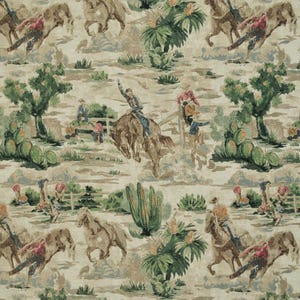 May include: A fabric featuring a repeating toile-style pattern in muted tones of brown, green, and cream. The design depicts scenes of cowboys riding horses, bucking broncos, and desert landscapes with cacti and trees on a textured background.