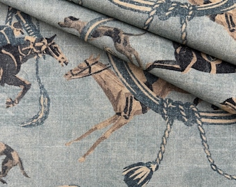 Blue Equestrian Pattern Fabric Horse Rider Print Pillow Cover Linen Textile by the Yard Heritage Luxury Western Lux Home Decor Animal Themed