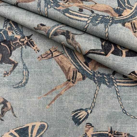 Blue Equestrian Pattern Fabric Horse Rider Print Pillow Cover Linen Textile by the Yard Heritage Luxury Western Lux Home Decor Animal Themed