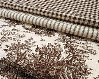 Brown Toile Fabric by the Yard French Country Pastoral Scenic Print Chocolate Gingham Check and Pinstripe Ticking Cotton Farmhouse Decor