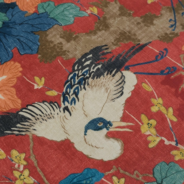 Red Crane Patterned Fabric Crimson Bird Large Scale Cotton Teal Leaves Designer Fabric Traditional Room Decor Drapery DIY Pillow Project