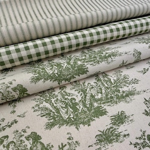 Green Coordinating Fabric Set Toile Gingham Stripe Cotton Bundle Matching Fabrics By The Yard Sewing Home Decor Interior Collection Curtains