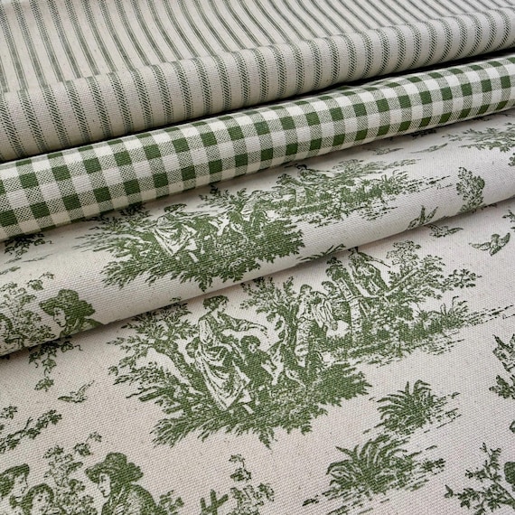Green Coordinating Fabric Set Toile Gingham Stripe Cotton Bundle Matching Fabrics By The Yard Sewing Home Decor Interior Collection Curtains