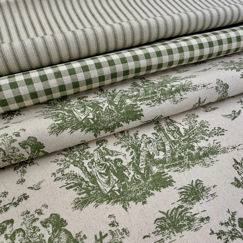 Green Coordinating Fabric Set Toile Gingham Stripe Cotton Bundle Matching Fabrics By The Yard Sewing Home Decor Interior Collection Curtains image 1