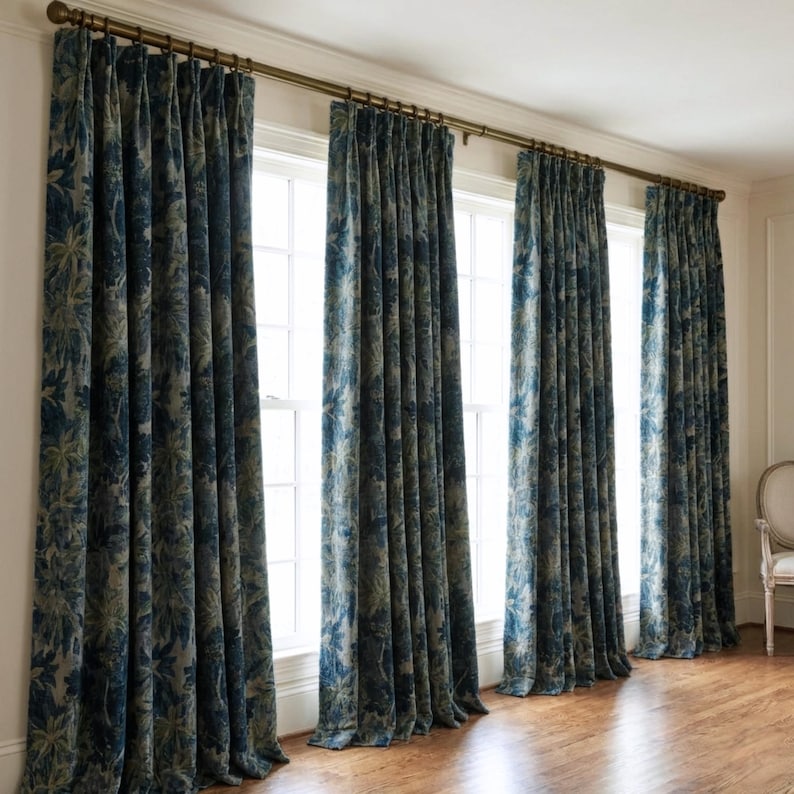Blue Leaves Pattern Fabric Verdant Print Designer Textile Medieval Inspired Fabric Furniture Upholstery Material Distressed Vintage Finish image 3