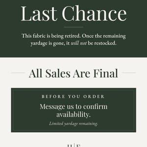 The image is a promotional poster for a yardage sale. It features a green background with white text and a limited yardage remaining.