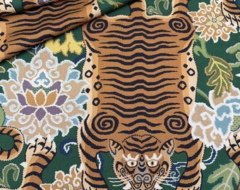 Tela de tapicería de algodón con estampado de tigre verde esmeralda estilo chinoiserie, por metros, para decoración de interiores eclécticos y proyectos de bricolaje.