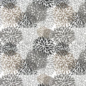 May include: A fabric pattern featuring a repeating design of stylized, multi-petaled flowers in shades of charcoal gray, light gray, and taupe against a solid white background. The floral shapes are circular with radiating, pointed petals.