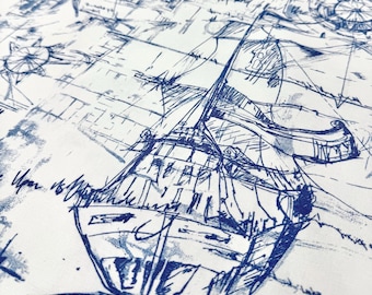 May include: A white fabric featuring a dark blue ink sketch of a sailing ship. The design includes nautical elements like compass roses and handwritten script text scattered across the surface, creating a detailed maritime-themed pattern.