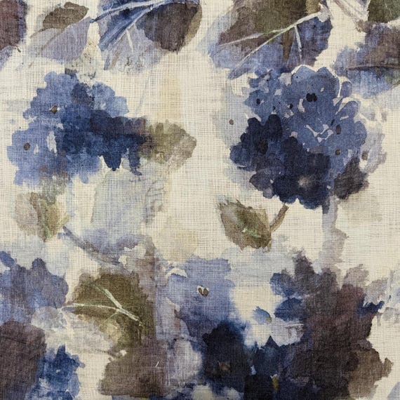 Blue Watercolor Floral Print by the Yard Designer Abstract Prussian Material Drapery and Curtain Fabric Table Linen Home Decor Cushion Cover
