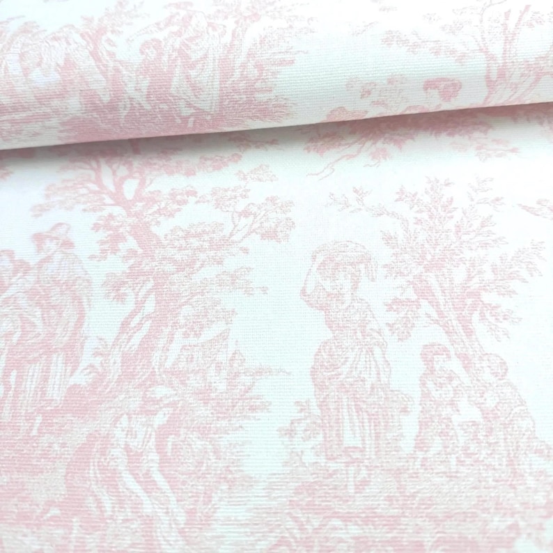 Pastel Toile Fabric French Provincial Craft Making Material Scenic Vintage Style DIY Sewing for Home Projects Custom Special Gift Wrap Idea Soft Pink Toile