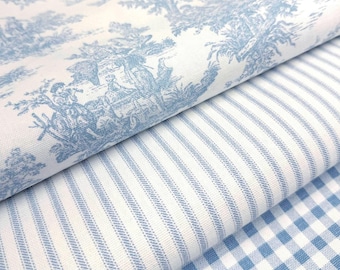 Powder Blue Toile Fabric Mini Checkered Pastel Blue Stripe French Country Matching Fabric Retro Baby Shower Decor Shabby Chic Sewing Gift