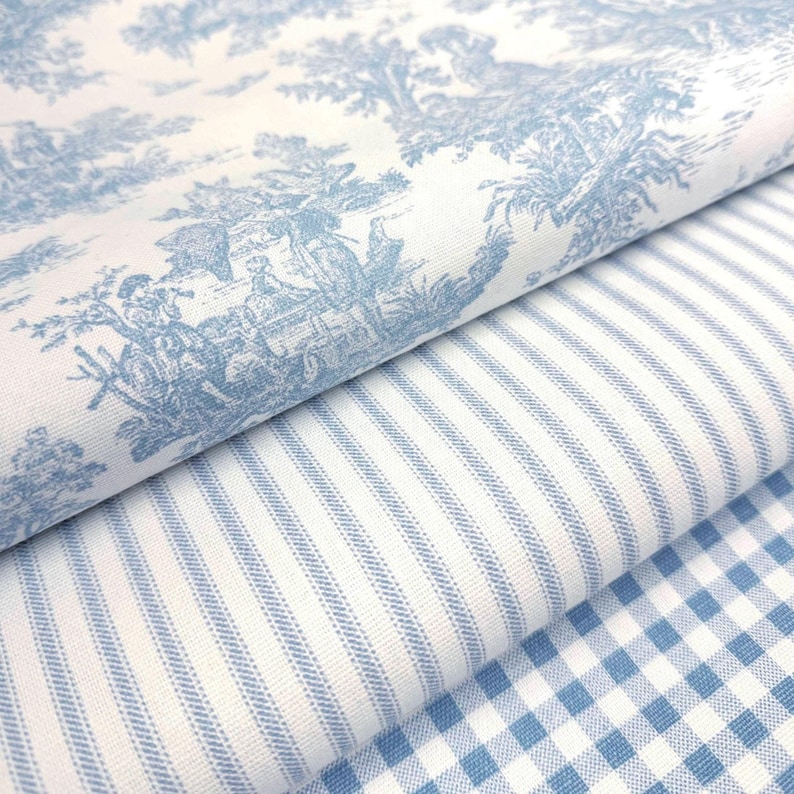 Powder Blue Toile Fabric Mini Checkered Pastel Blue Stripe French Country Matching Fabric Retro Baby Shower Decor Shabby Chic Sewing Gift bild 1